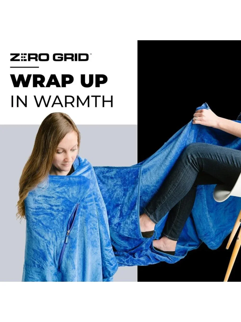 ZERO GRID Royal Blue Fleece Packable Wearable TRAVEL BLANKET w/ Neck Snaps EUC